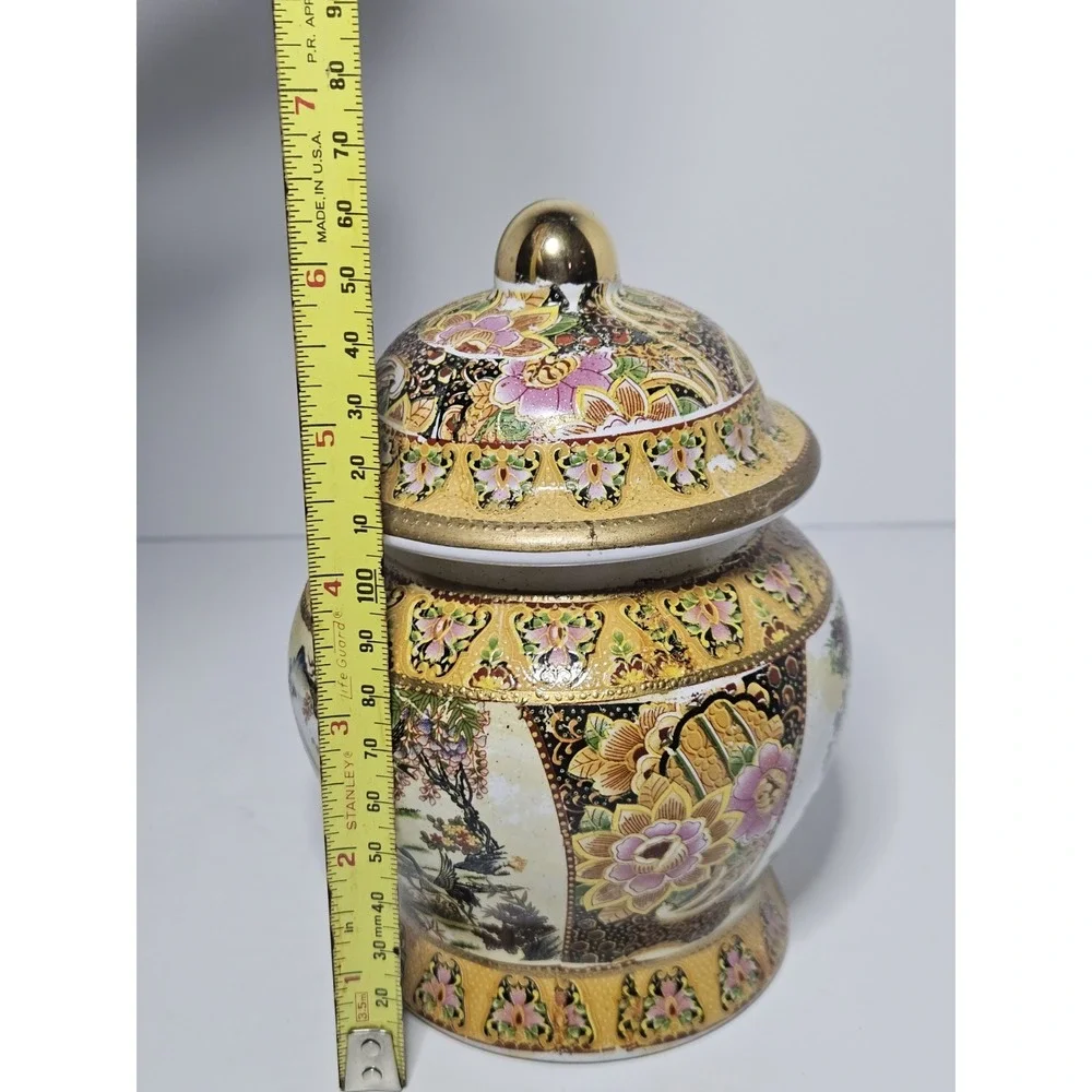 Vintage Satsuma Style Covered Ginger Jar Gold Moriage Peacock Bird Floral Urn